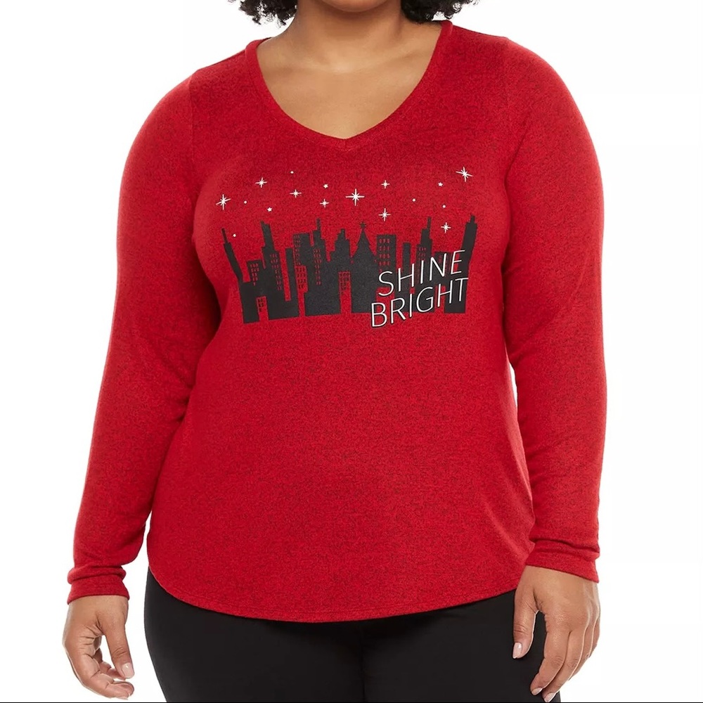 Evri Plus Size Red Shine Bright Long Sleeve Holiday Top